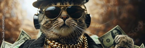 Explore the intersection of business, finance, and creativity through the image of a wealthy gangster boss cat hipster adorned with sunglasses, a hat, headphones, a gold chain, and piles of money doll
