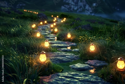 Glowing lamps illuminating a path of stones on the vibrant grass, guiding the way to success