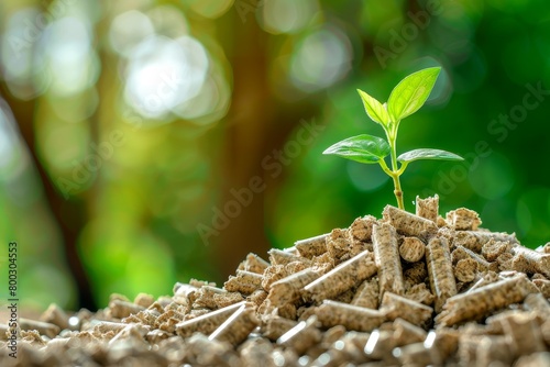 Young seedling growing in pile of wood pellets outdoors with green background symbolizing renewable energy photo