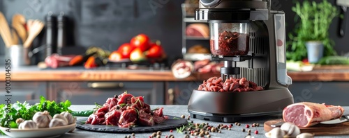 Electric meat grinder processing fresh meat in a modern kitchen setting. Home cooking and kitchen appliances concept. photo