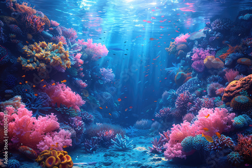  An underwater scene of coral reefs, showcasing the vibrant colors and marine life in an oceanic setting. Created with Ai