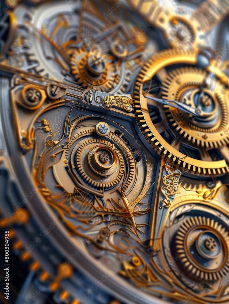 How about a detailed closeup of interlocking golden gears with intricate designs