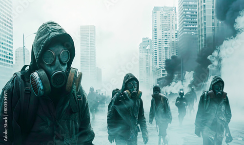 People in gas masks walk through a destroyed city photo