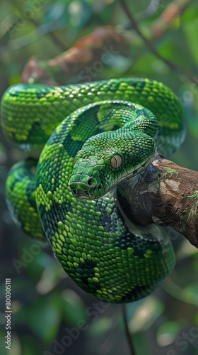emerald tree boa,slithering down and across tree branch