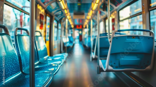 Interior of an empty bus with blue seats and yellow handrails, blurry urban night lights