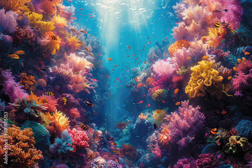 A vibrant coral reef teeming with colorful fish. Created with AI © oliver