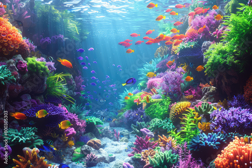 A vibrant coral reef teeming with colorful fish and lush greenery, creating an underwater paradise. The water is clear blue with sunlight filtering through the waves. Created with Ai