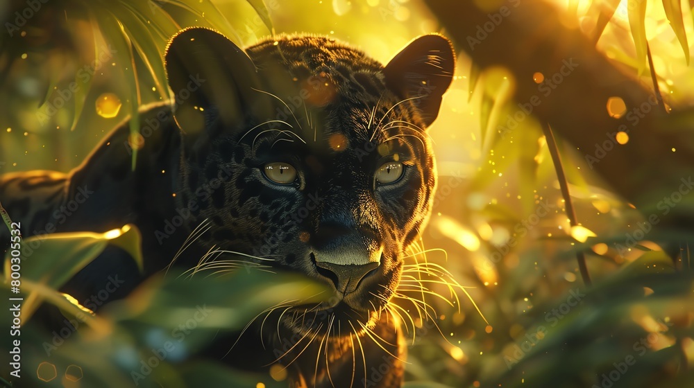 Illustrate a fierce panther prowling through a lush jungle under the ...