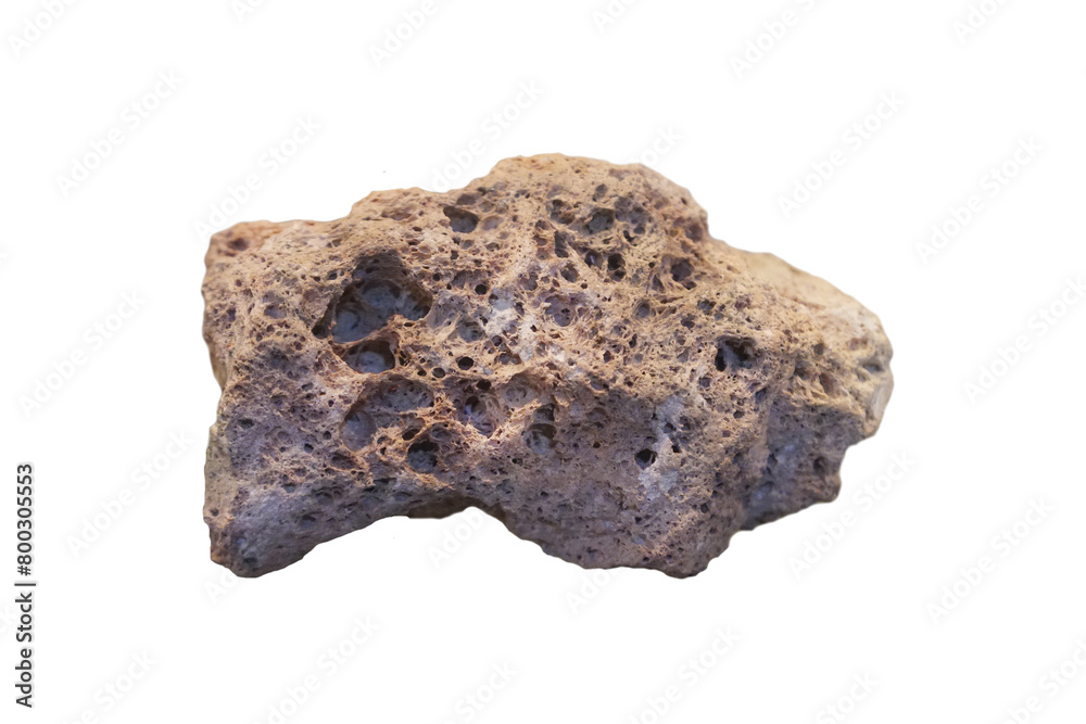 Raw pumice volcanic rock specimen isolated on white background.