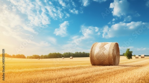 Harvested cornfield with straw bales under a bright blue sky. Straw bales on a field and blue sky with bright sun in Germany