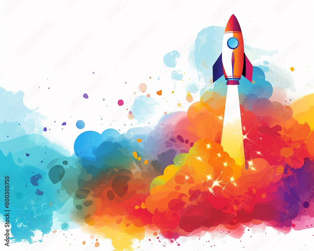 A rocket ship blasting off into space with a colorful watercolor background. A rocket ship blasting off into space with a colorful watercolor background.