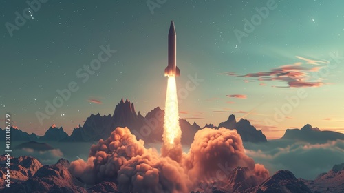 Rocket launching over mountainous landscape at dusk. Space exploration and adventure concept.