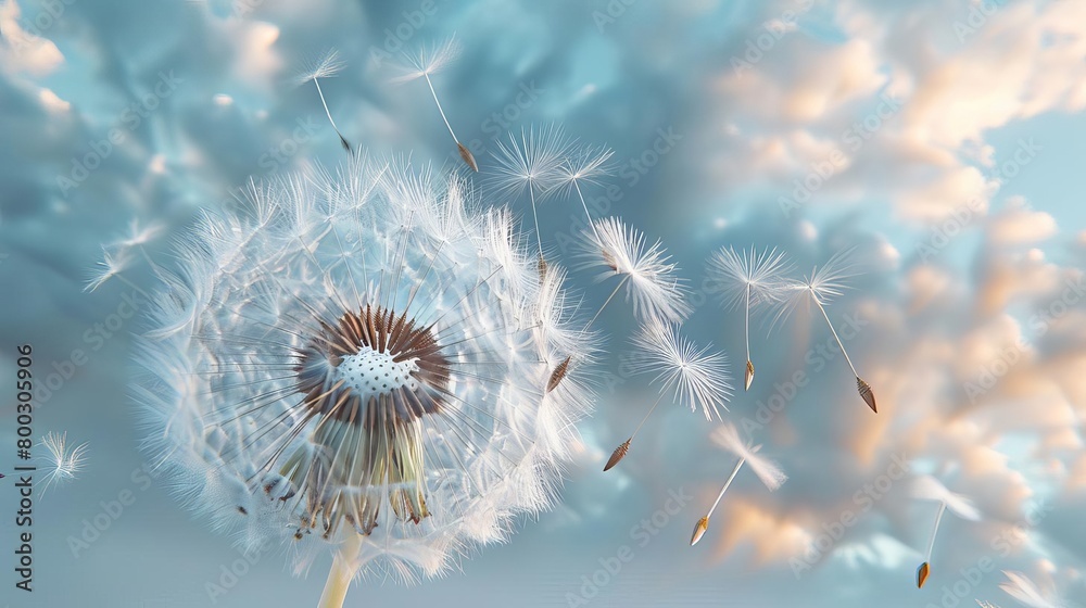 Obraz premium A dandelion flower is blowing its seeds in the wind.