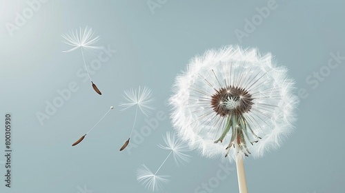A dandelion flower with seeds blowing away in the wind against a pale blue background.