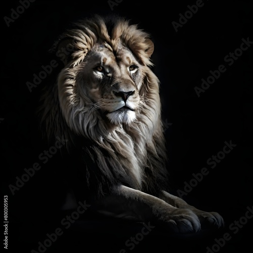 A close-up portrait of a majestic male lion with a large  full mane against a dark background