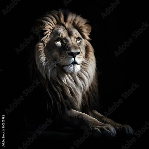 A close-up portrait of a majestic male lion with a large  full mane against a dark background