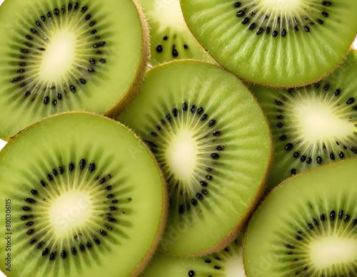 Sliced kiwi fruit, showing the bright green flesh and black seeds