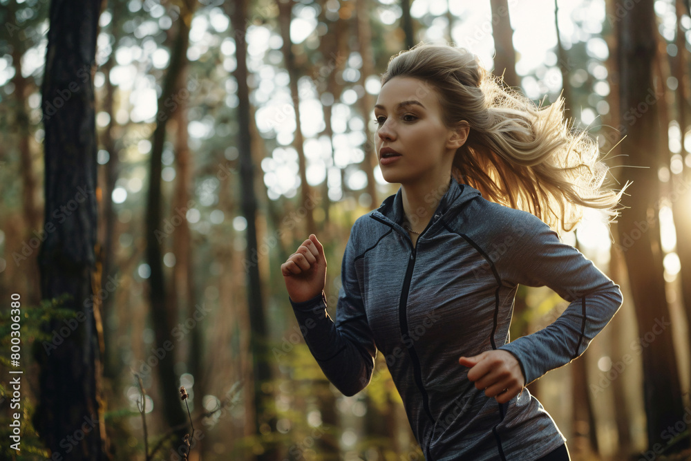 portrait of beautiful woman jogging in the forest portrait of beautiful woman jogging in the forest