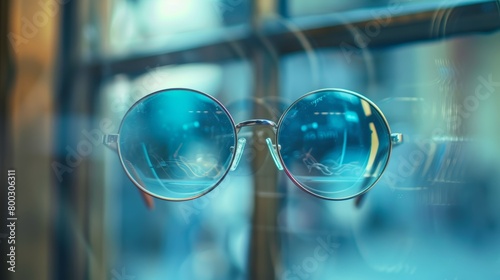 Round eyeglasses with blue tinted lenses. Close-up product display on a bokeh background with copy space