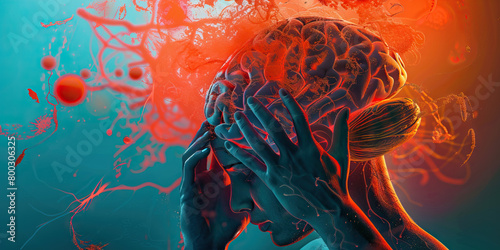 Encephalitis: The Brain Inflammation and Confusion - Imagine a person with a swollen, inflamed brain, holding their head in confusion, with inflammation markers around the brain photo