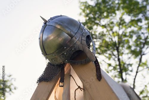 Viking helmet at tent camp at the historic festival