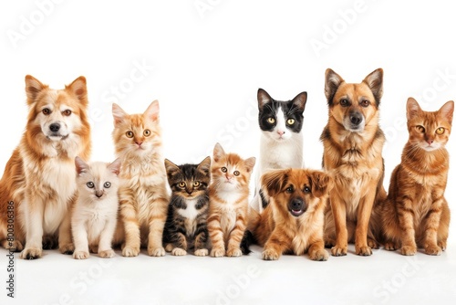 Assorted cats and dogs in studio setting on white background with copy space for text