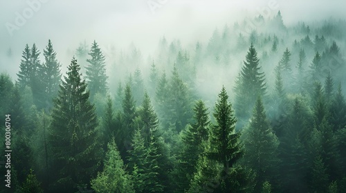 AI generated illustration of a lush green forest with misty fog in the sky © Wirestock