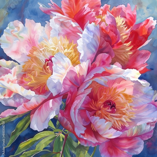 Peonies puff out their ruffled skirts, a ballet of blooms that sways gently in the spring dance, bright water color photo