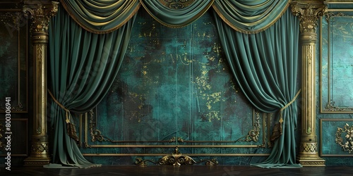 green with golden curtain stage with frames, photo