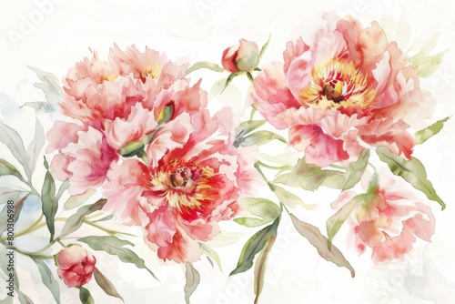 Fototapeta Naklejka Na Ścianę i Meble -  Watercolor painting of pink peonies against a white background