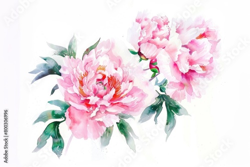 Fototapeta Naklejka Na Ścianę i Meble -  Watercolor painting featuring pink peonies on a clean white background
