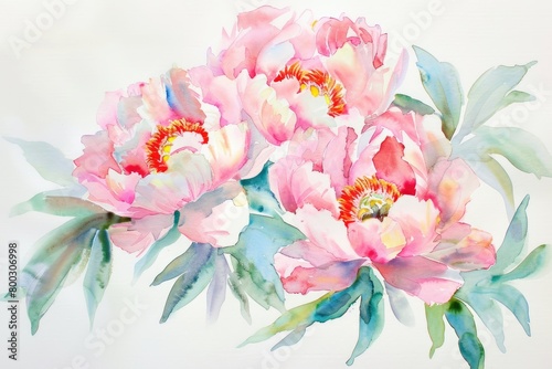 Watercolor painting featuring pink peonies on a clean white background
