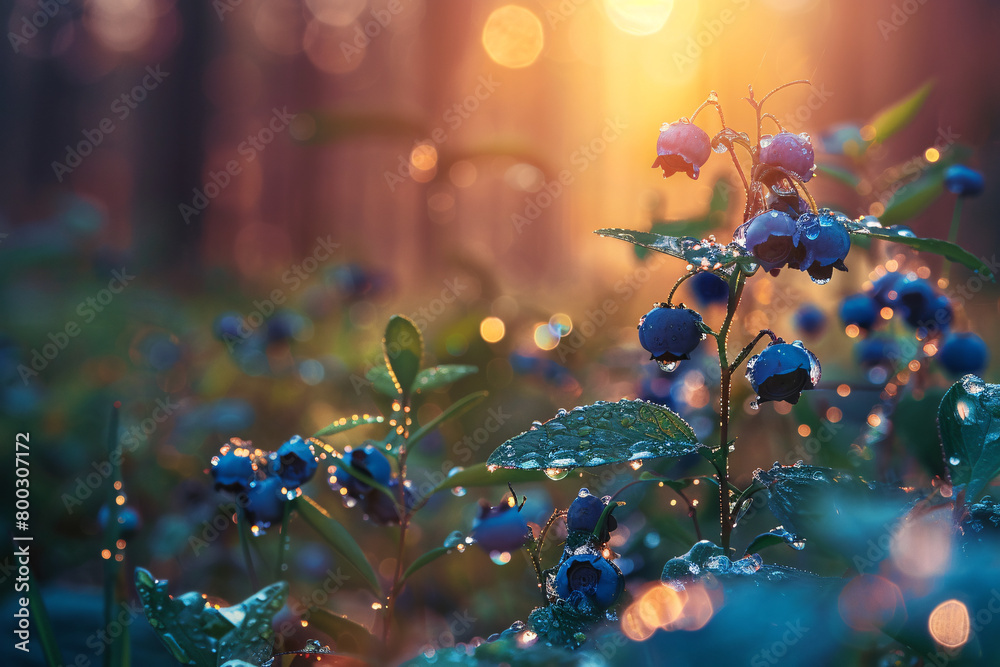 wet blueberries growing in summer forest, sunset view wet blueberries growing in summer forest, sunset view