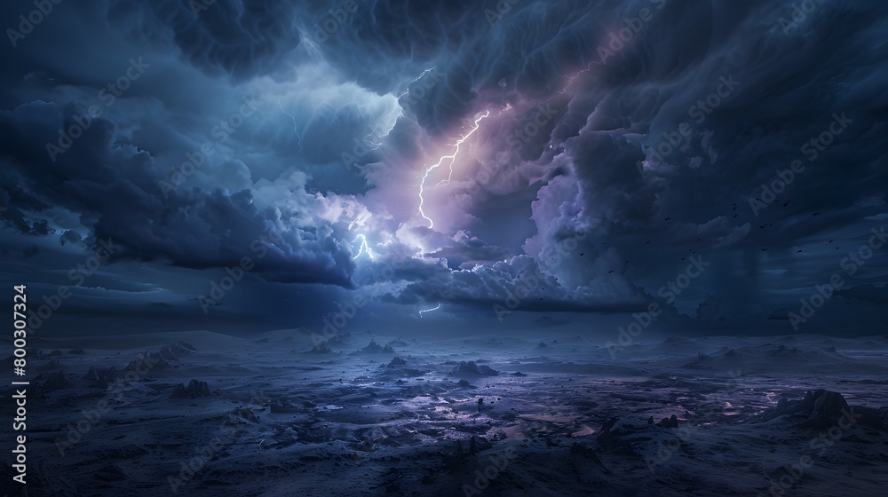 Fototapeta premium Landscape of lightning flashes and rain falling in a dry and gloomy area.