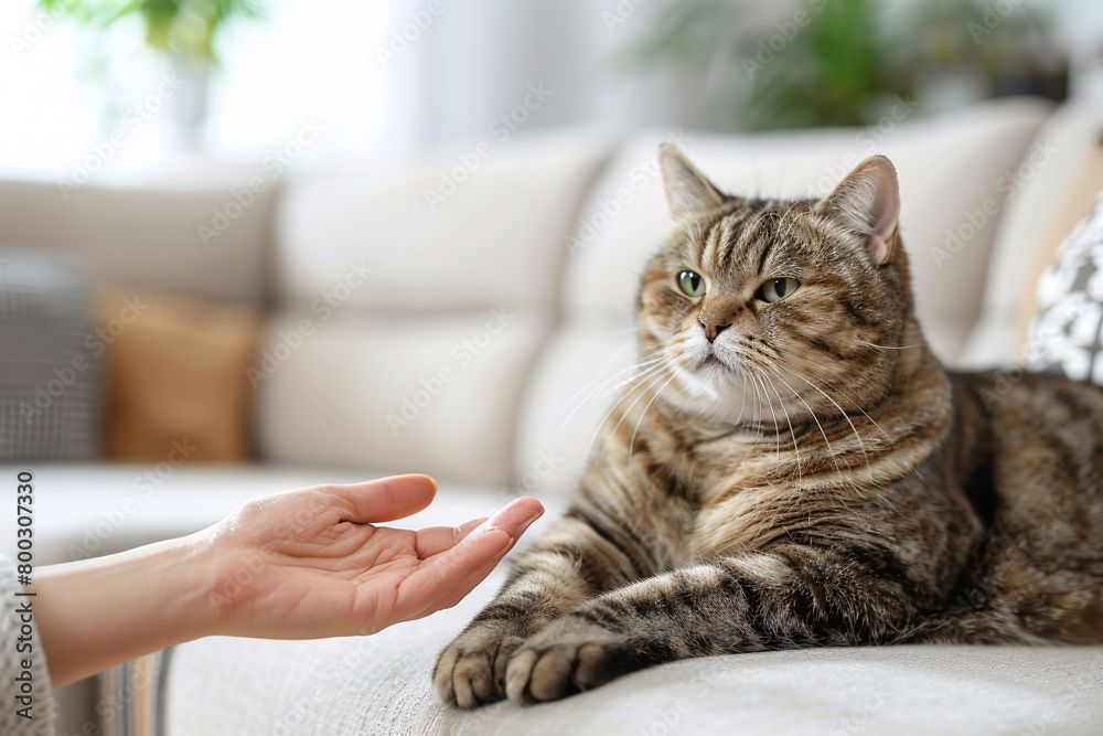 cute cat sitting on the sofa and female hand