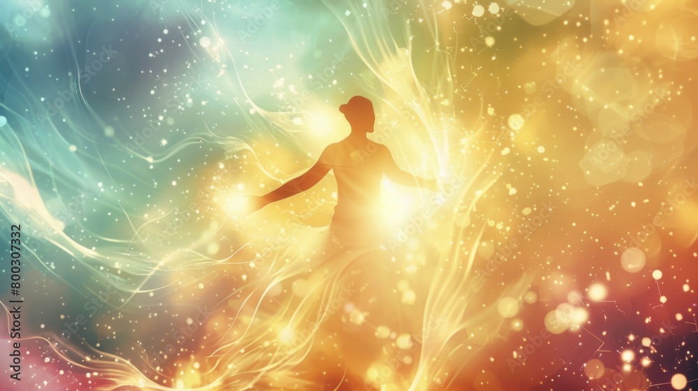 Naklejka premium Serene Figure Embracing Light Energy of Healing and Balance