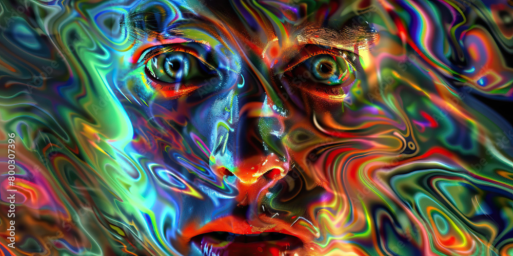 Schizophrenia: The Hallucinations and Disorganized Thinking - Visualize a person appearing confused or frightened, with distorted images or sounds around them Schizophrenia: The Hallucinations and Disorganized Thinking - Visualize a person appearing confused or frightened, with distorted images or sounds around them