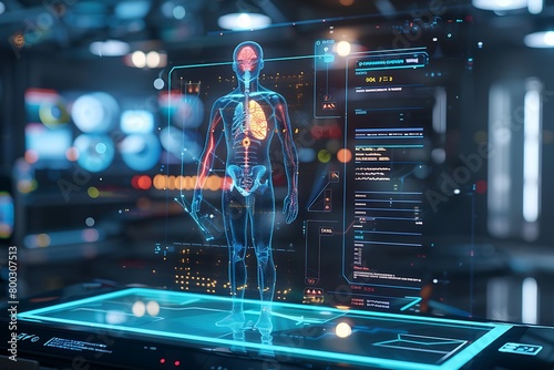 A holographic diagnostic tool highlighting physiological data within a body scan. photo