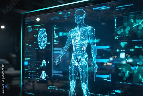 A holographic diagnostic tool highlighting physiological data within a body scan. photo