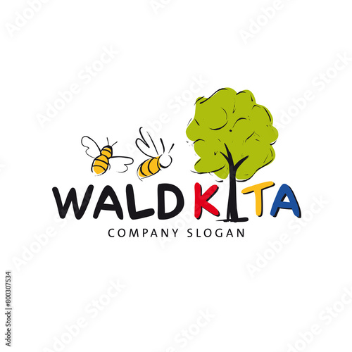 Waldkita Logo mit Bienen und Baum, Kinder erleben Natur
