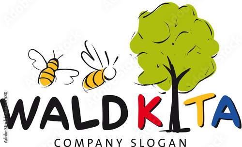 Waldkita Logo mit Bienen und Baum, Kinder erleben Natur
