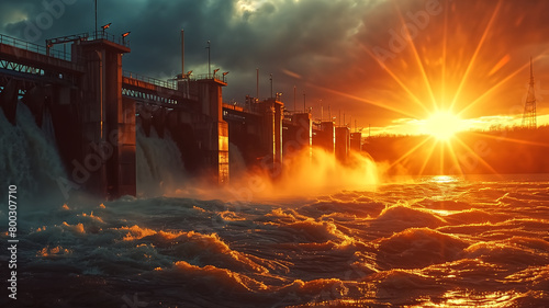 Sunset view of a hydroelectric dam with water violently cascading down, generating renewable energy and mist against a dramatic sky.
 photo