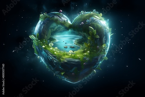 earth in the shape of heart. A heart-shaped watter ball with a forest and a swamp inside. It represents the conservation of nature and the environment. Generative Ai photo