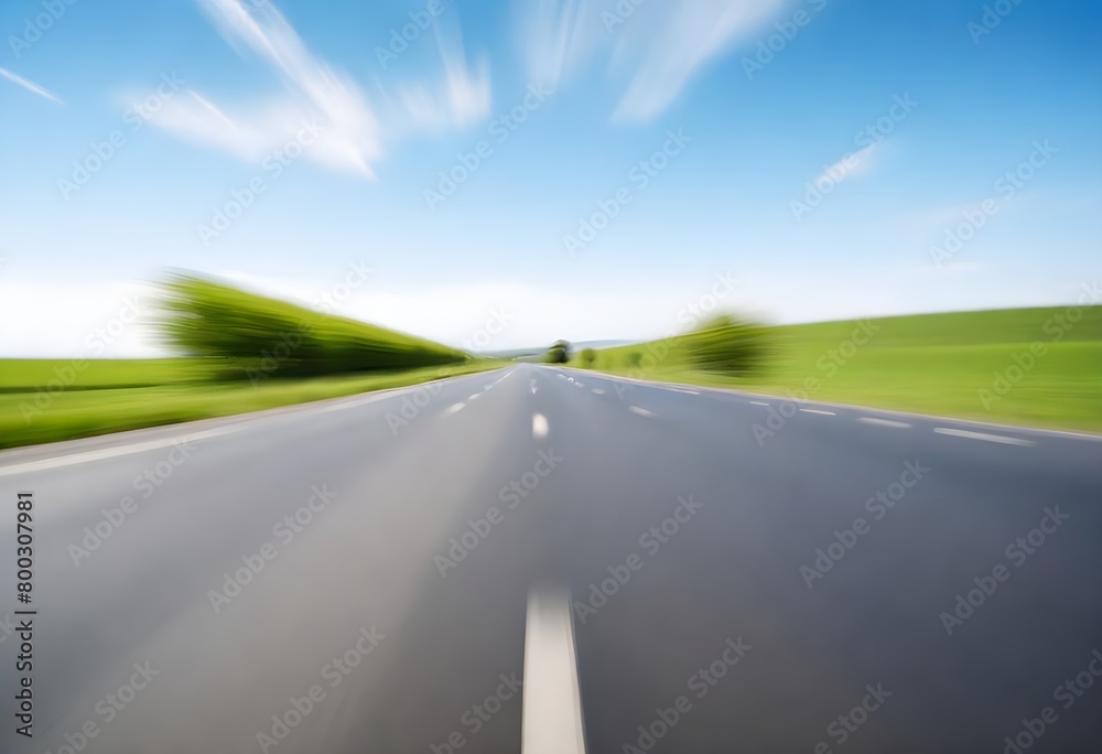 A blurred road through a green landscape under a blue sky
