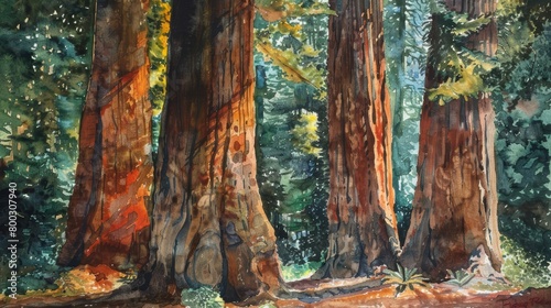 Towering redwoods reach for the heavens, their ancient trunks holding stories of centuries past, bright water color