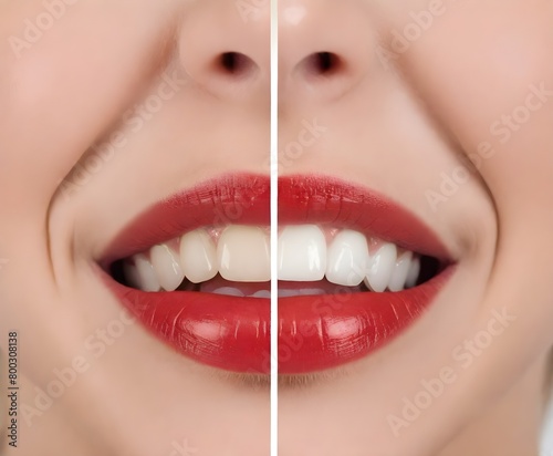 Woman's smiling mouth with red lipstick before and after whitening , showing teeth