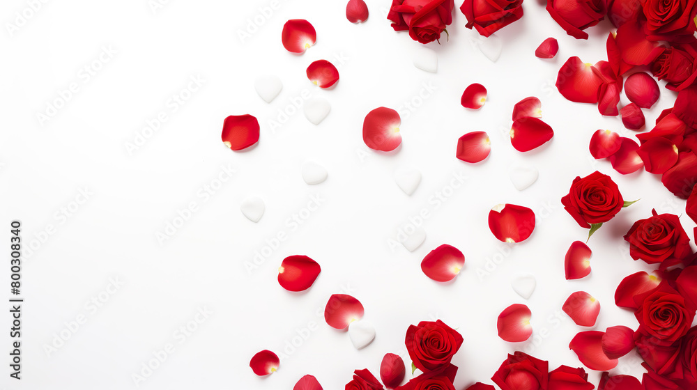 Red roses in top view with a box filled with rose petals isolated on a white background Red roses in top view with a box filled with rose petals isolated on a white background