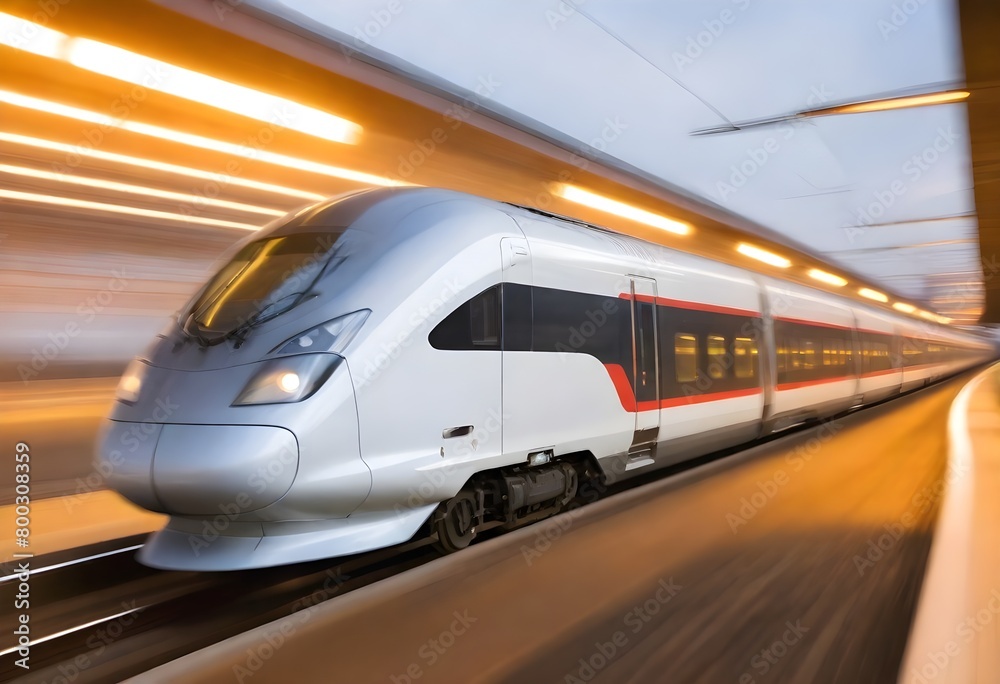 A high-speed train traveling at a fast speed on a railway track, with blurred motion in the background