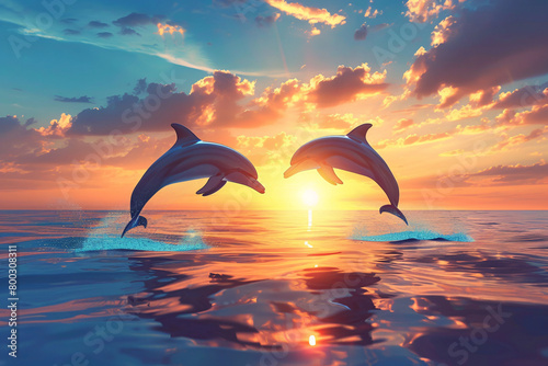 dolphins jumping above sea in sunset light