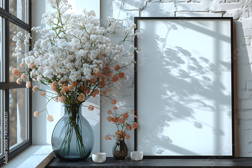 minimalist style library apartement space morningday with white walls ,green plants,flower, two cozy sofa with Interior Mockup with one white photo frame in the background photo